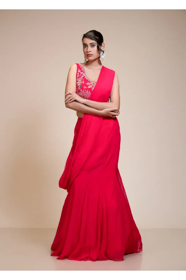 Rani Pink Drape Saree with Multi-Colour Embroidered Blouse