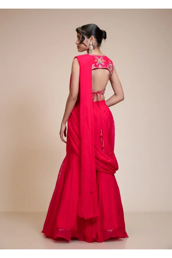 Rani Pink Drape Saree with Multi-Colour Embroidered Blouse