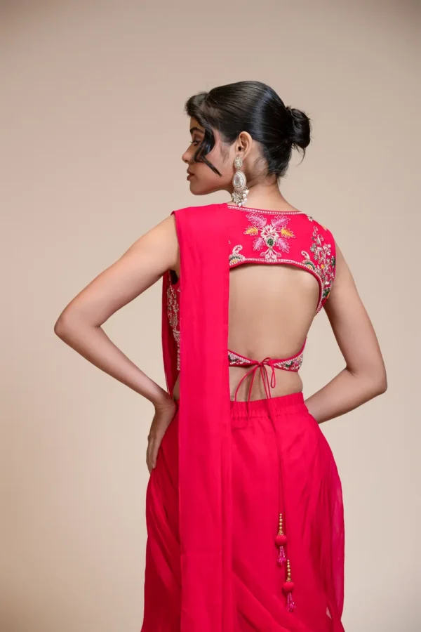 Rani Pink Drape Saree with Multi-Colour Embroidered Blouse