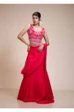 Rani Pink Drape Saree with Multi-Colour Embroidered Blouse