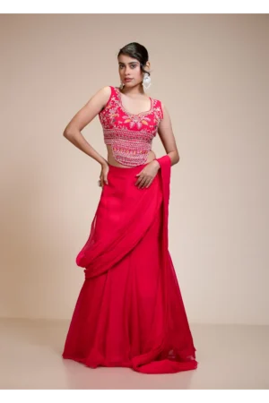 Front View of Rani Pink Drape Saree with Multi-Colour Embroidered Blouse