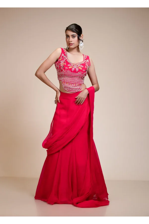 Rani Pink Drape Saree with Multi-Colour Embroidered Blouse