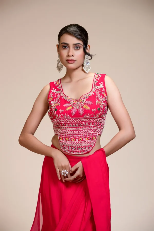 Rani Pink Drape Saree with Multi-Colour Embroidered Blouse