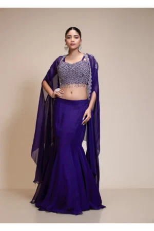Royal Purple Mermaid Skirt with Embellished Crop-Top and Cape in Organza fabric