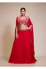 Red Lehenga Skirt with Multi-Colour Embroidered Crop Top & Cape
