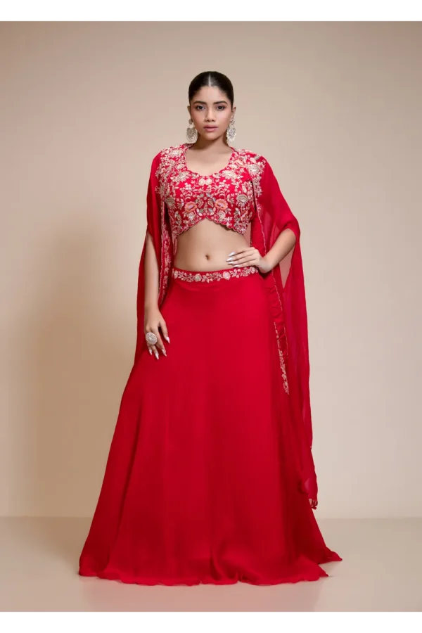 Red Lehenga Skirt with Multi-Colour Embroidered Crop Top & Cape
