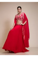 Red Lehenga Skirt with Multi-Colour Embroidered Crop Top & Cape