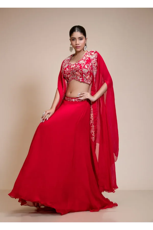 Red Lehenga Skirt with Multi-Colour Embroidered Crop Top & Cape