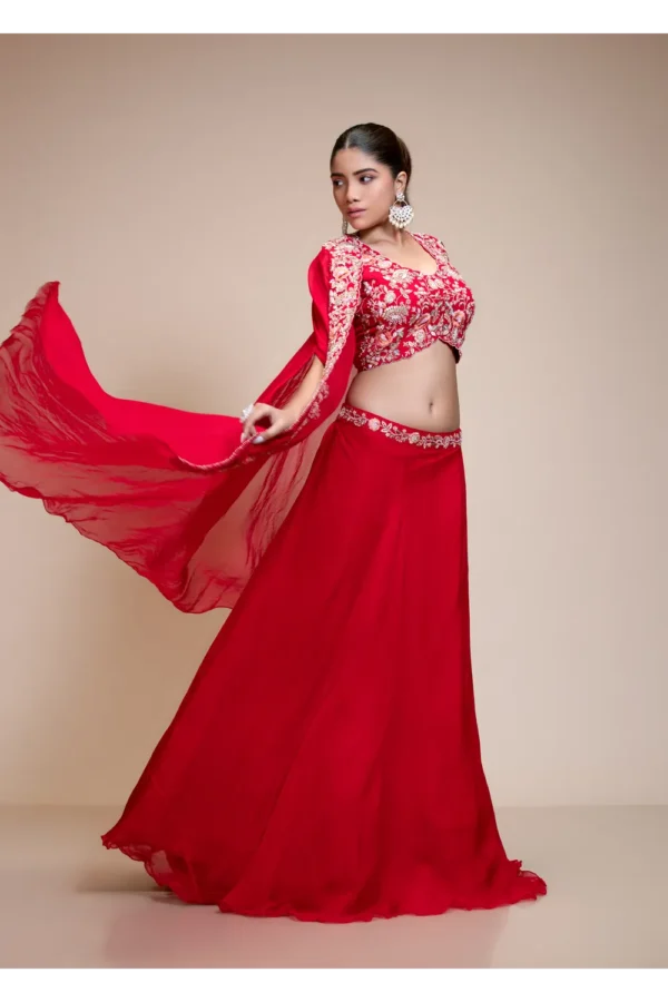 Red Lehenga Skirt with Multi-Colour Embroidered Crop Top & Cape