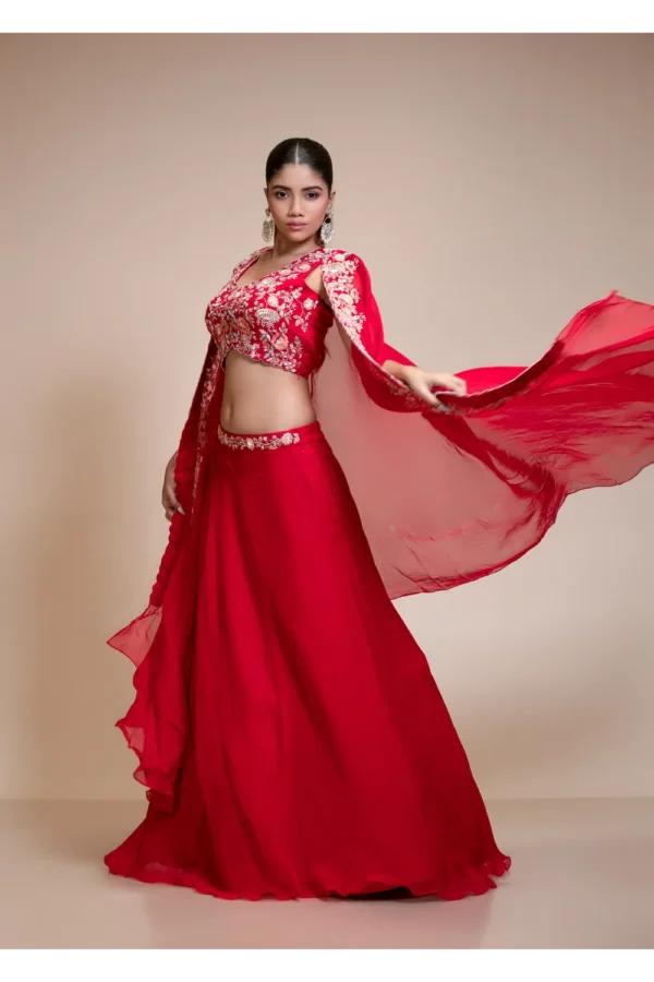 Red Lehenga Skirt with Multi-Colour Embroidered Crop Top & Cape