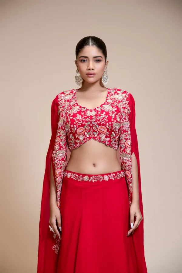 Red Lehenga Skirt with Multi-Colour Embroidered Crop Top & Cape