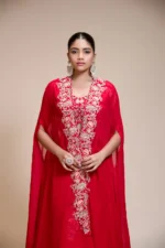 Red Lehenga Skirt with Multi-Colour Embroidered Crop Top & Cape