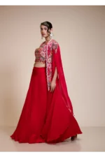 Red Lehenga Skirt With Heavy Floral Embroidered Crop Top & Cape