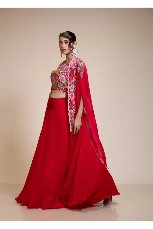 Red Lehenga Skirt With Heavy Floral Embroidered Crop Top & Cape