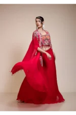 Red Lehenga Skirt With Heavy Floral Embroidered Crop Top & Cape
