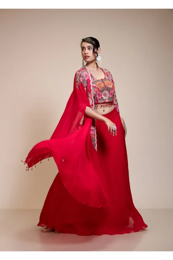 Red Lehenga Skirt With Heavy Floral Embroidered Crop Top & Cape