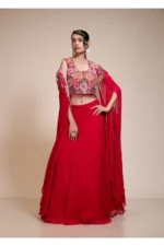 Red Lehenga Skirt With Heavy Floral Embroidered Crop Top & Cape