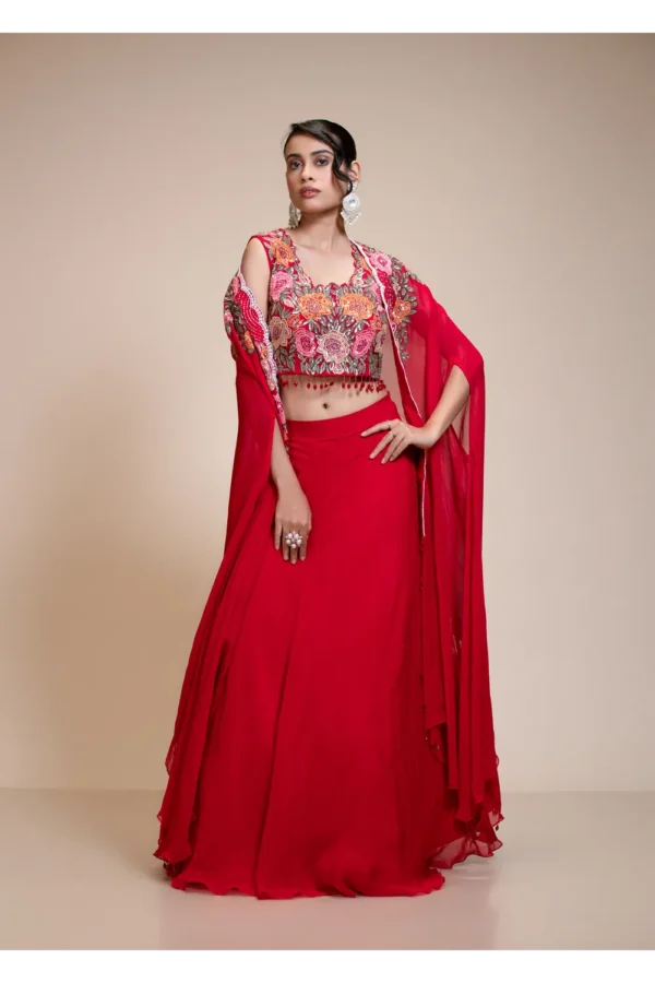 Red Lehenga Skirt With Heavy Floral Embroidered Crop Top & Cape