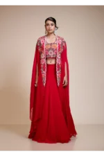 Red Lehenga Skirt With Heavy Floral Embroidered Crop Top & Cape