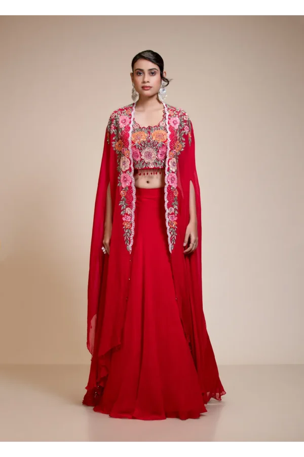 Red Lehenga Skirt With Heavy Floral Embroidered Crop Top & Cape