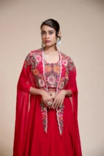 Red Lehenga Skirt With Heavy Floral Embroidered Crop Top & Cape