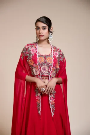 Red Lehenga Skirt With Heavy Floral Embroidered Crop Top & Cape