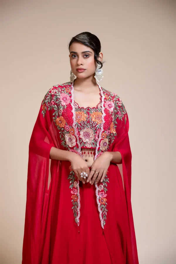 Red Lehenga Skirt With Heavy Floral Embroidered Crop Top & Cape