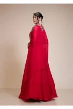 Red Lehenga Skirt With Heavy Floral Embroidered Crop Top & Cape