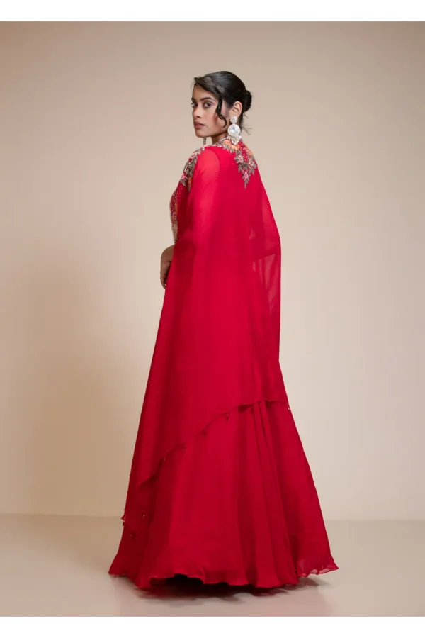 Red Lehenga Skirt With Heavy Floral Embroidered Crop Top & Cape
