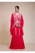 Rani Pink Lehenga Skirt With Crop Top & Cape – Embroidered Organza