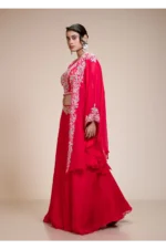 Rani Pink Lehenga Skirt With Crop Top & Cape – Embroidered Organza