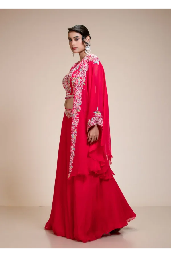 Rani Pink Lehenga Skirt With Crop Top & Cape – Embroidered Organza