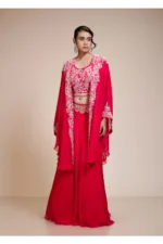 Rani Pink Lehenga Skirt With Crop Top & Cape – Embroidered Organza
