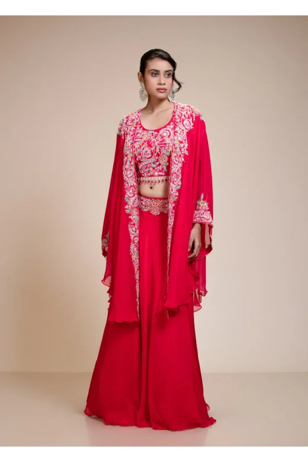 Rani Pink Lehenga Skirt With Crop Top & Cape – Embroidered Organza