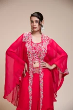 Rani Pink Lehenga Skirt With Crop Top & Cape – Embroidered Organza