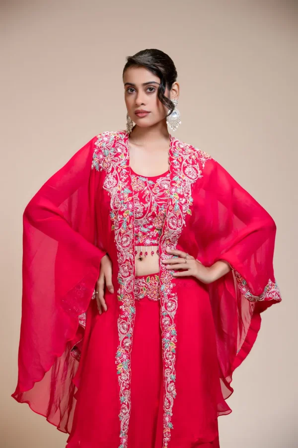 Rani Pink Lehenga Skirt With Crop Top & Cape – Embroidered Organza