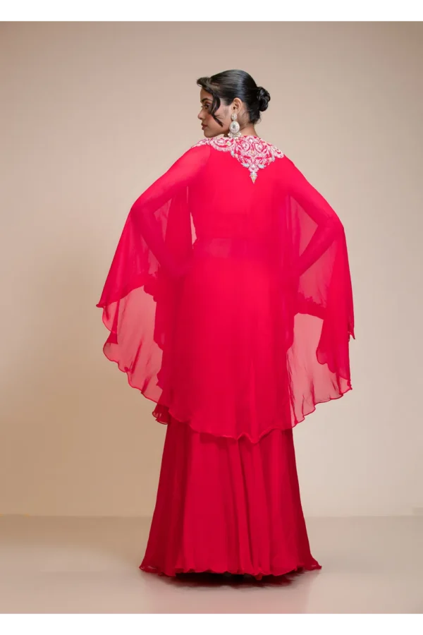 Rani Pink Lehenga Skirt With Crop Top & Cape – Embroidered Organza