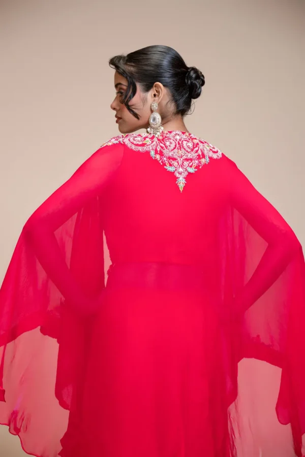 Rani Pink Lehenga Skirt With Crop Top & Cape – Embroidered Organza
