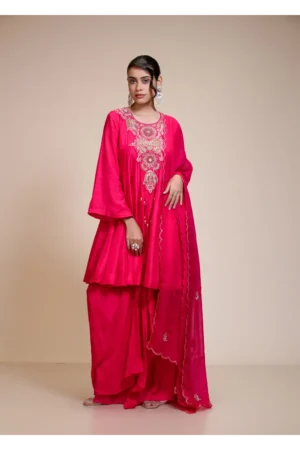 Rani Pink Short Anarkali Set with Dhoti and Dupatta