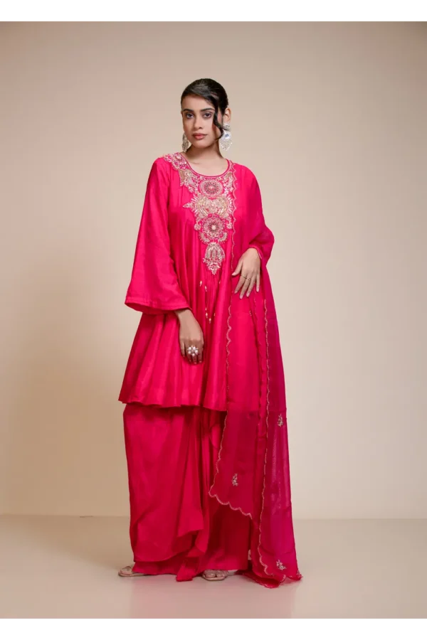 Rani Pink Short Anarkali Set with Dhoti and Dupatta