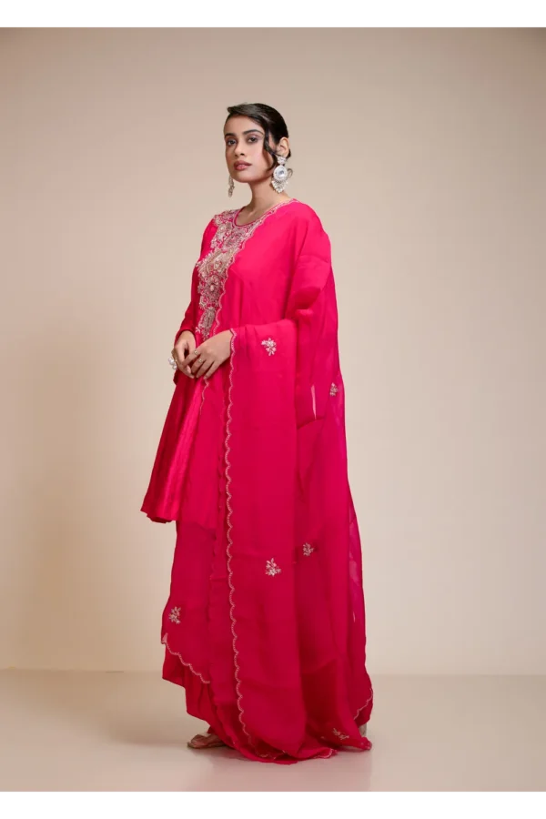 Rani Pink Short Anarkali Set with Dhoti and Dupatta