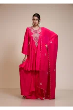 Rani Pink Short Anarkali Set with Dhoti and Dupatta
