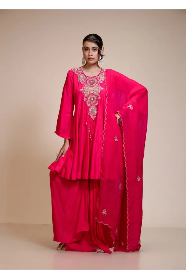 Rani Pink Short Anarkali Set with Dhoti and Dupatta
