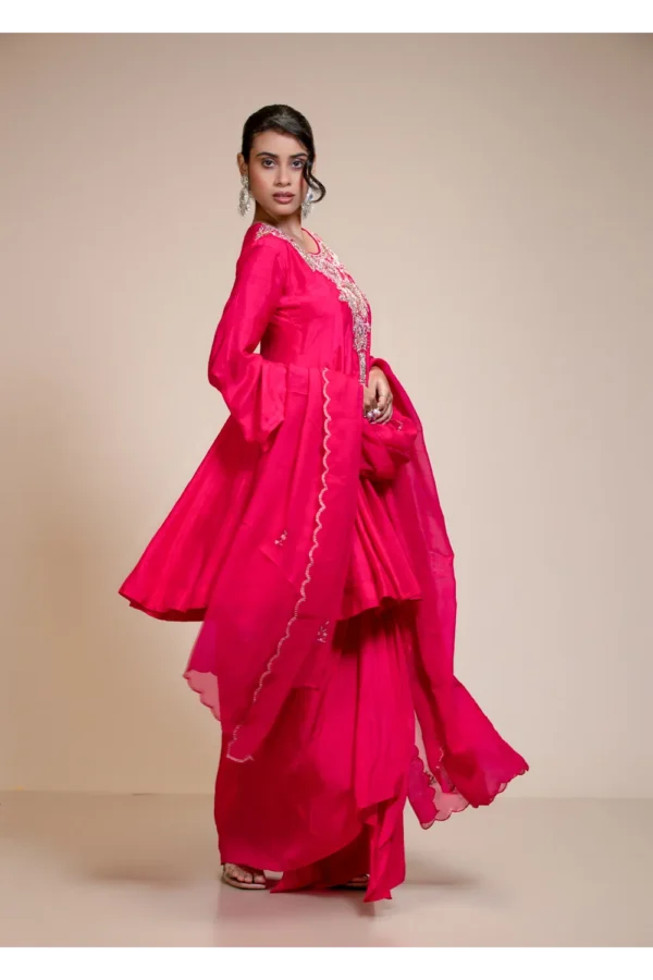 Rani Pink Short Anarkali Set with Dhoti and Dupatta