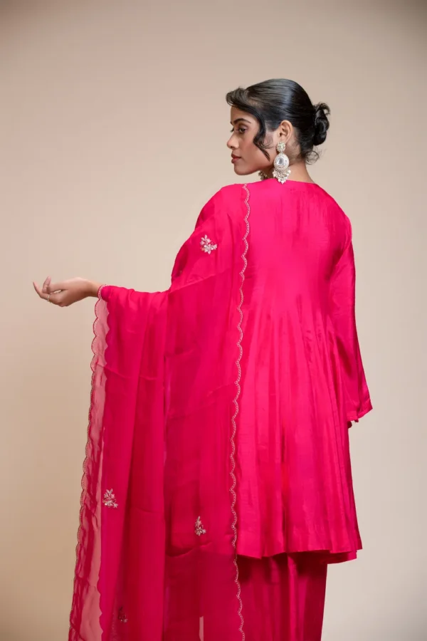 Rani Pink Short Anarkali Set with Dhoti and Dupatta