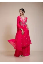 Elegant Rani Pink Kurta Set with Sharara & Dupatta