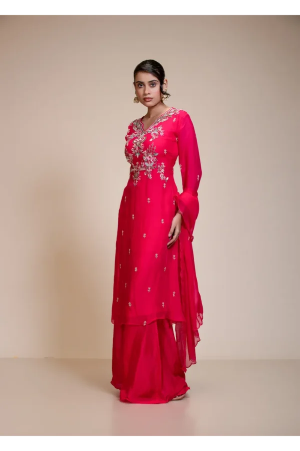 Elegant Rani Pink Kurta Set with Sharara & Dupatta