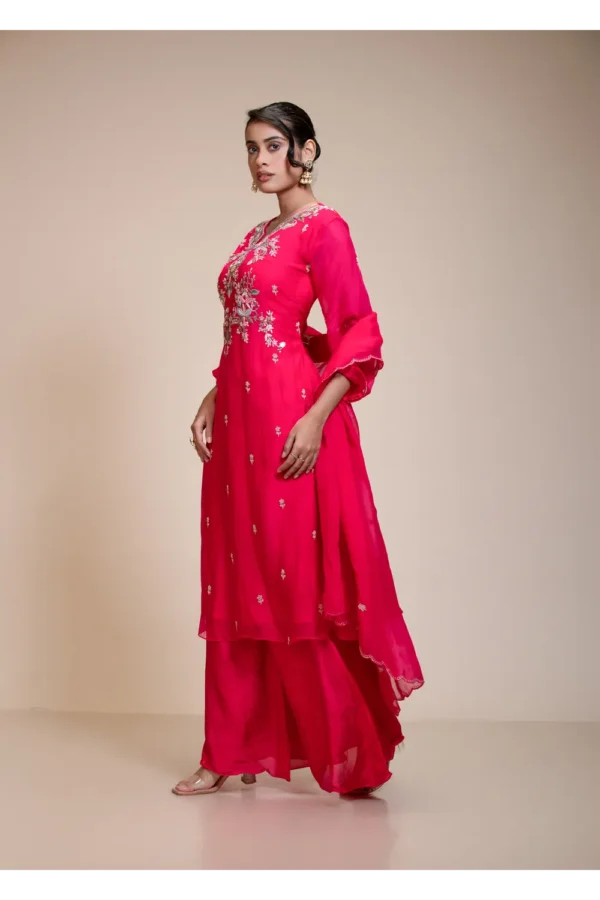 Elegant Rani Pink Kurta Set with Sharara & Dupatta