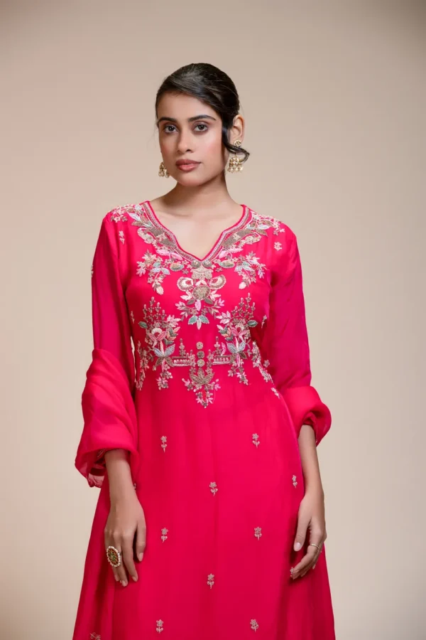 Elegant Rani Pink Kurta Set with Sharara & Dupatta