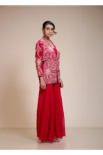 Red Palazzo Set with Heavily Embroidered Open Organza Jacket